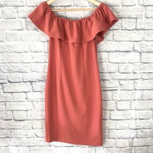 1. State Off The Shoulder Ruffle Shift Midi Dress Womens Size 6 Back Split EUC